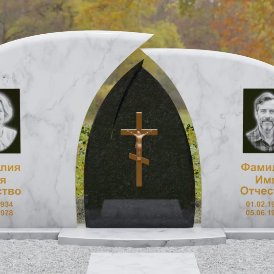 Комбинированный горизонтальный памятник с крестом в Перми, мрамор Тассос