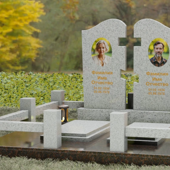 Двойной гранитный памятник-пазл с волной, гранит Мансуровский, вид 4