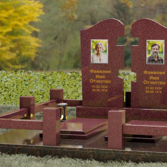 Двойной гранитный памятник-пазл с волной, гранит Лезниковский, вид 4