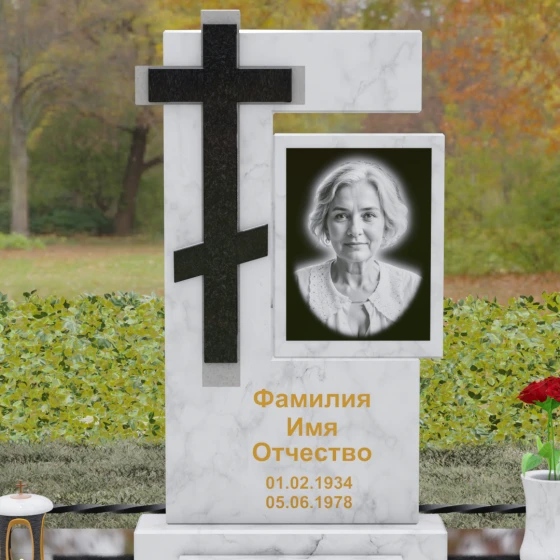 Православный вертикальный комбинированный памятник в Перми, мрамор Тассос