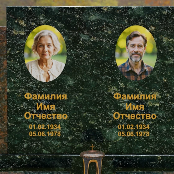 Комбинированный горизонтальный памятник для двоих в Перми, гранит Балтик грин