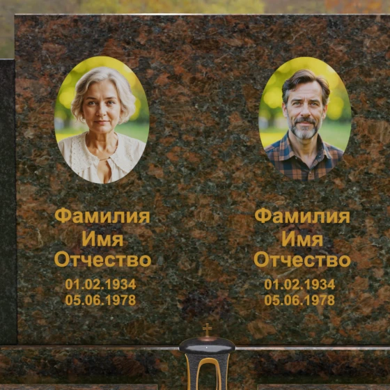 Комбинированный горизонтальный памятник для двоих в Перми, гранит Дымовский