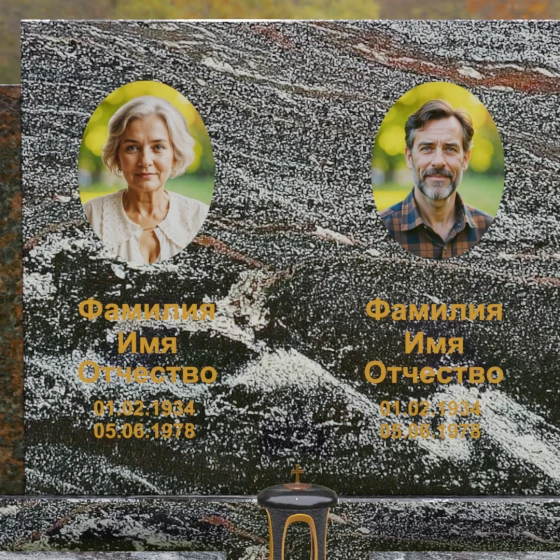 Комбинированный горизонтальный памятник для двоих в Перми, гранит амфиболит