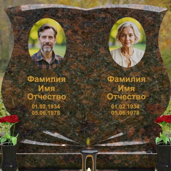 Горизонтальный гранитный памятник на двоих в Магнитогорске, гранит Дымовский