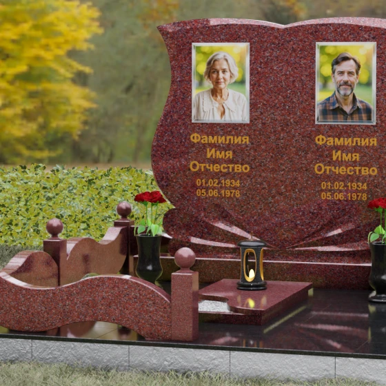 Горизонтальный гранитный памятник на двоих в Магнитогорске, гранит Лезниковский, вид 4