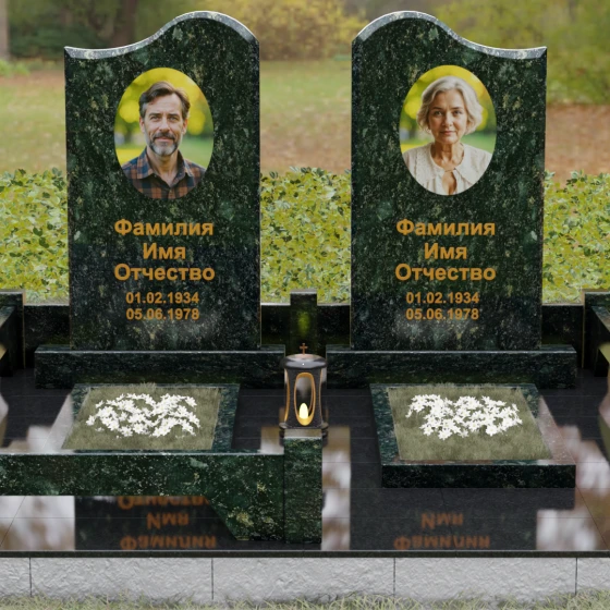Вертикальный гранитный памятник на двоих в Омске, гранит Балтик грин, вид 2