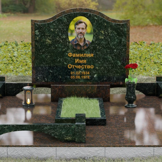 Комбинированный горизонтальный памятник в Перми, гранит Балтик грин, вид 2