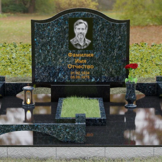 Комбинированный горизонтальный памятник в Перми, гранит Блю Перл, вид 2