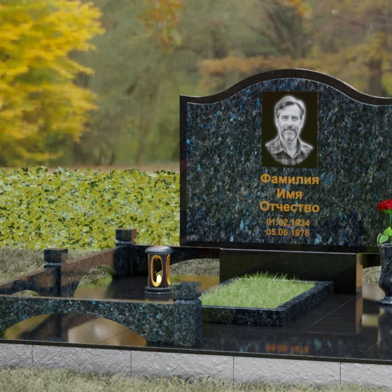 Комбинированный горизонтальный памятник в Перми, гранит Блю Перл, вид 4