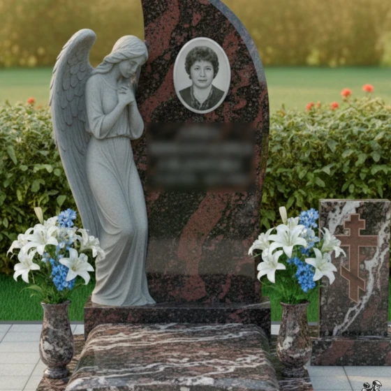 Вертикальный гранитный памятник с мемориальным комплексом в Перми, гранит амфиболит