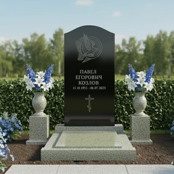 Гранитный памятник вертикальный с крестом на мемориальный комплекс в Перми, гранит Габбро-диабаз
