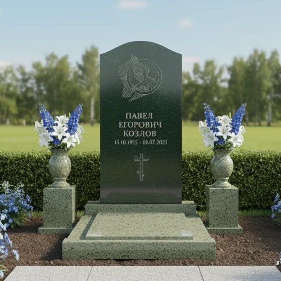 Гранитный памятник вертикальный с крестом на мемориальный комплекс в Перми, гранит Балтик грин