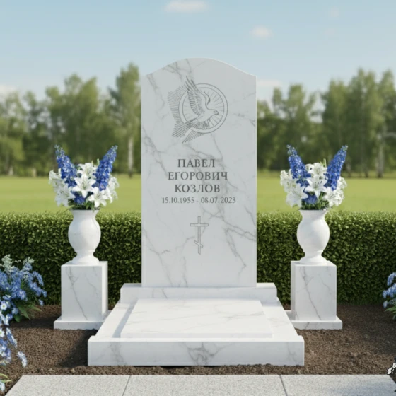 Гранитный памятник вертикальный с крестом на мемориальный комплекс в Перми, мрамор Тассос