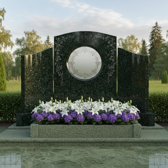 Гранитный памятник — свиток с круглой нишей, гранит Балтик грин, в Москве