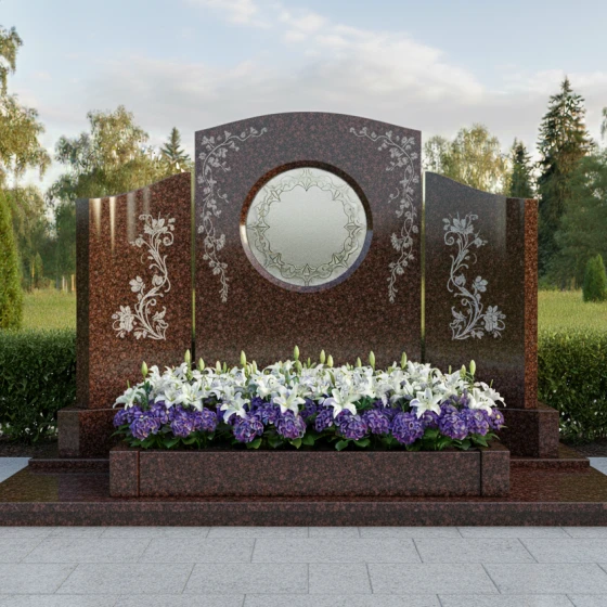 Гранитный памятник — свиток с круглой нишей, гранит Лезниковский, в Москве
