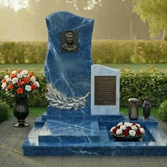 Мемориальный комплекс с асимметричной волной, гранит Блю Перл