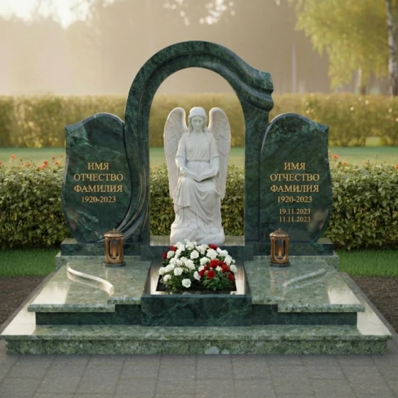 Элитный вертикальный памятник на двоих в Казани, гранит Балтик грин