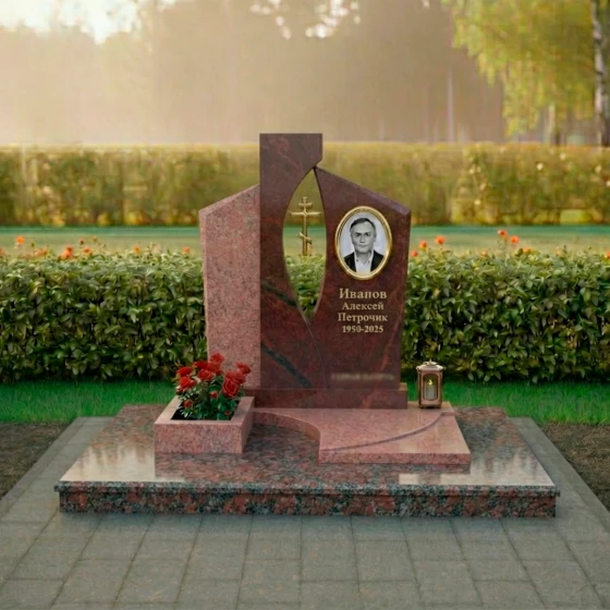 Православный гранитный памятник с крестом в Перми, гранит Лезниковский