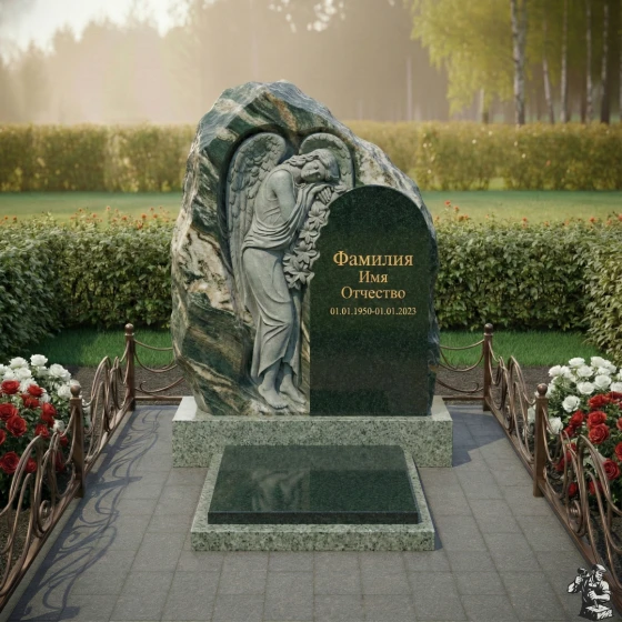 Надгробие с необработанной глыбой и резным ангелом, гранит Балтик грин, в Якутске