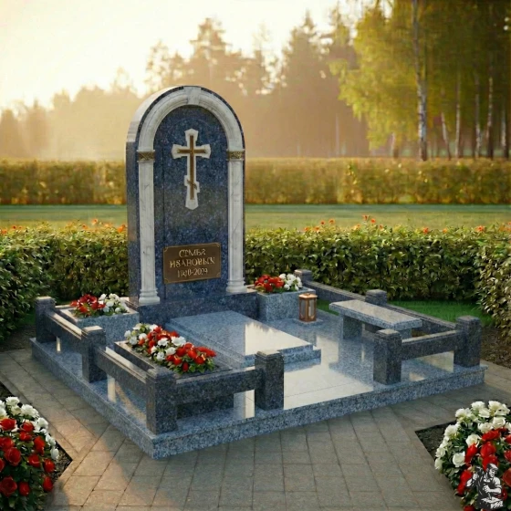 Комбинированный православный семейный склеп в Перми, гранит Блю Перл