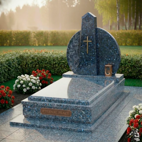 Элитный комбинированный памятник с крестом в Перми, гранит Блю Перл