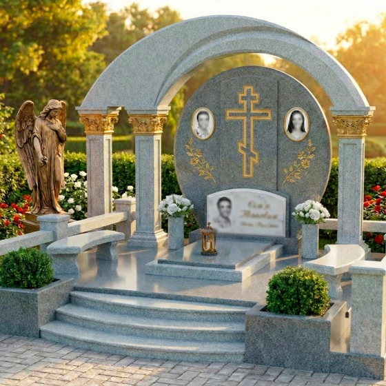 Православный гранитный памятник с аркой и колоннами, гранит Мансуровский