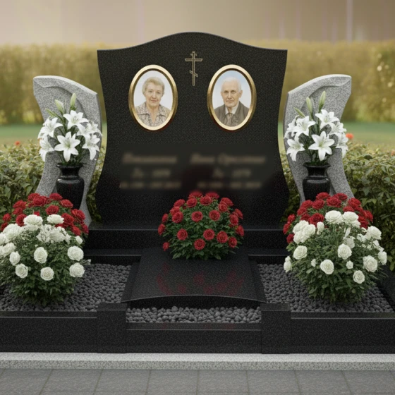 Элитный вертикальный православный гранитный памятник в Перми, гранит Габбро-диабаз