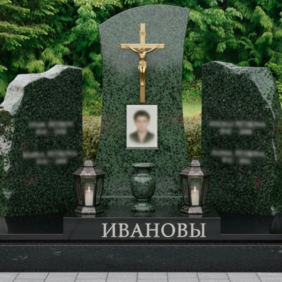 Гранитный вертикальный православный мемориал для двоих в Перми, гранит Балтик грин