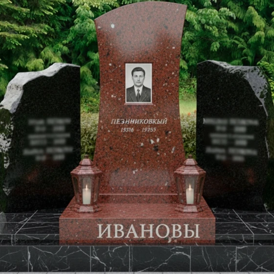 Гранитный вертикальный православный мемориал для двоих в Перми, гранит Лезниковский