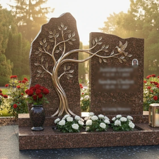 Гранитный памятник с бронзовым древом и голубем, гранит Дымовский, в Москве