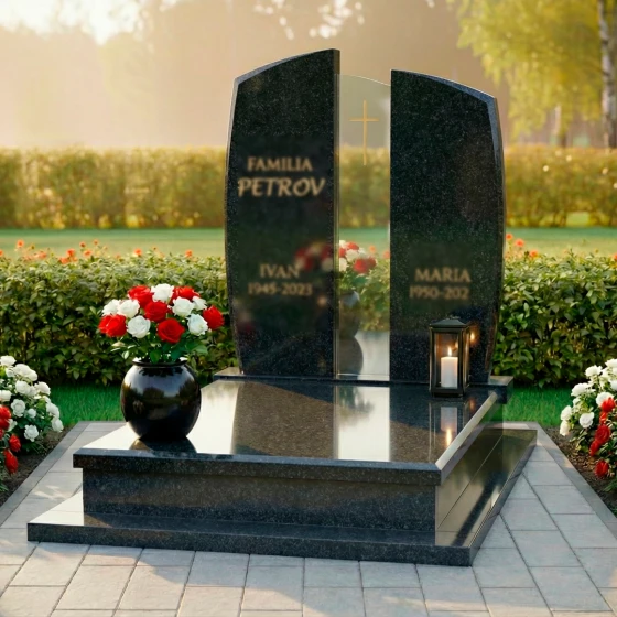 Католический памятник гранит — стекло на двоих в Перми, гранит Габбро-диабаз