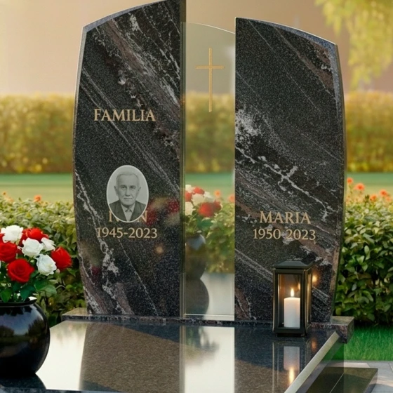 Католический памятник гранит — стекло на двоих в Перми, гранит амфиболит