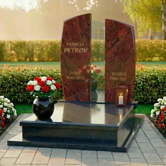 Католический памятник гранит — стекло на двоих в Перми, гранит Лезниковский