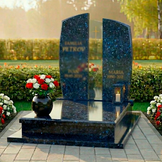 Католический памятник гранит — стекло на двоих в Перми, гранит Блю Перл