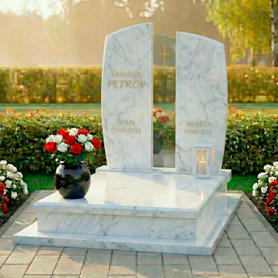 Католический памятник гранит — стекло на двоих в Перми, мрамор Тассос