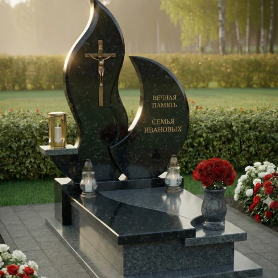 Гранитный православный памятник с крестом в Самаре, гранит Габбро-диабаз