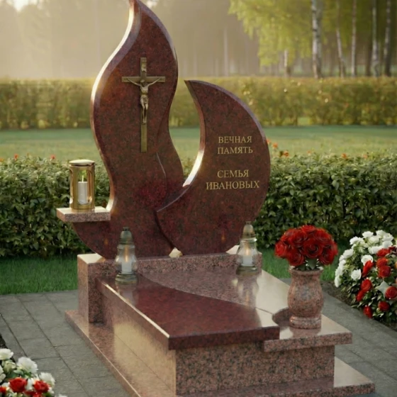 Гранитный православный памятник с крестом в Самаре, гранит Лезниковский