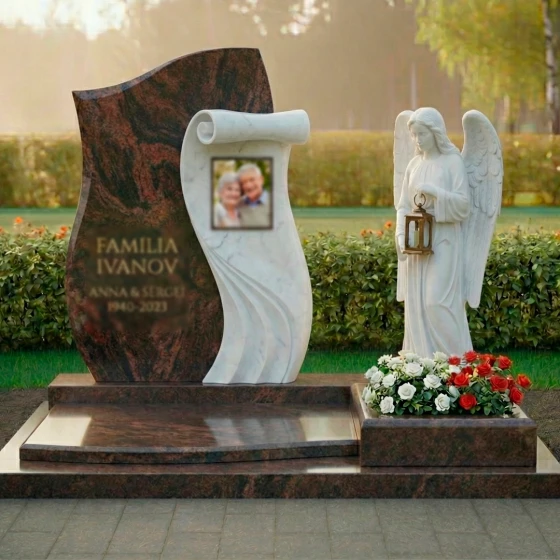 Мемориальный комплекс с ангелом, свитком и розами, гранит Дымовский