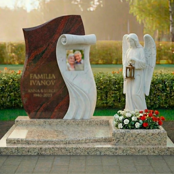 Мемориальный комплекс с ангелом, свитком и розами, гранит Лезниковский