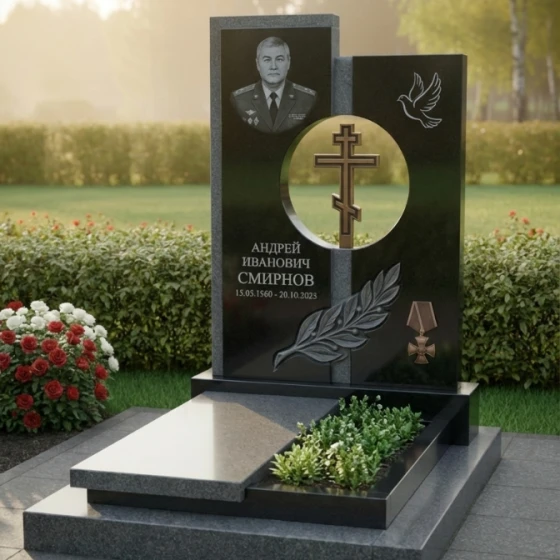 Вертикальный элитный гранитный памятник с крестом в Перми, гранит Габбро-диабаз