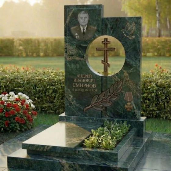 Вертикальный элитный гранитный памятник с крестом в Перми, гранит Балтик грин