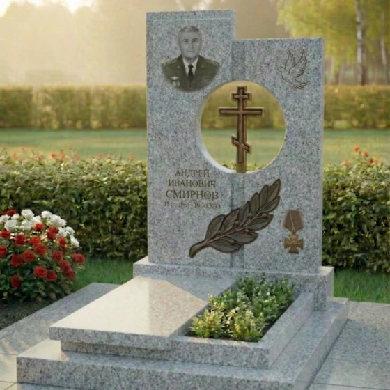 Вертикальный элитный гранитный памятник с крестом в Перми, гранит Мансуровский