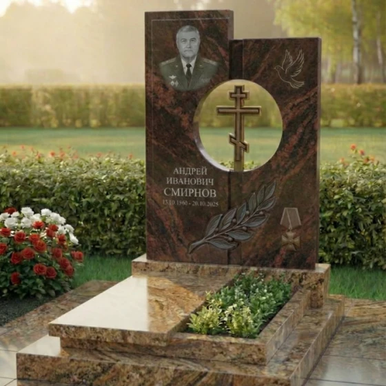 Вертикальный элитный гранитный памятник с крестом в Перми, гранит Дымовский