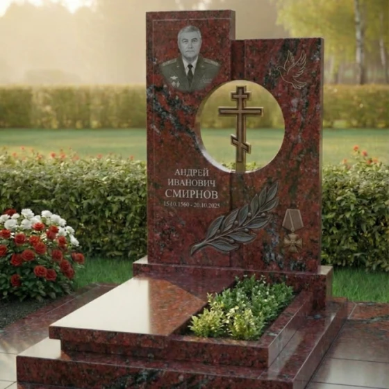 Вертикальный элитный гранитный памятник с крестом в Перми, гранит Лезниковский