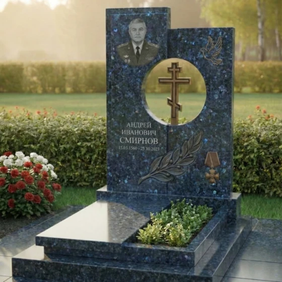 Вертикальный элитный гранитный памятник с крестом в Перми, гранит Блю Перл