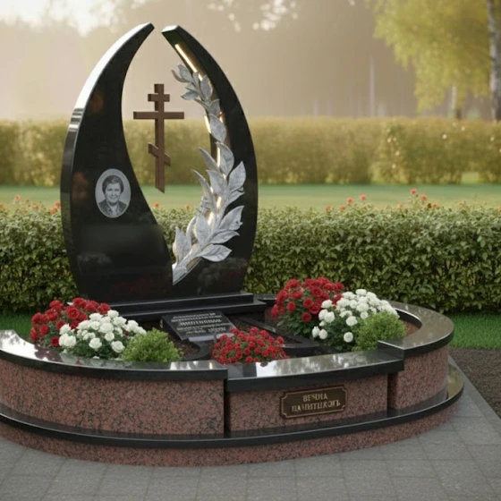 Элитный Гранитный памятник с крестом православный в Уфе, гранит Габбро-диабаз