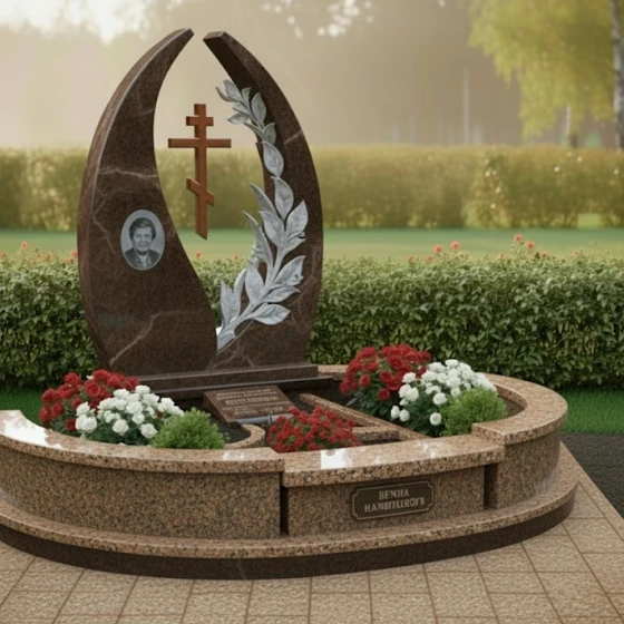 Элитный Гранитный памятник с крестом православный в Уфе, гранит Дымовский