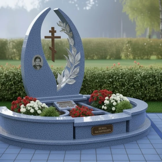 Элитный Гранитный памятник с крестом православный в Уфе, гранит Блю Перл