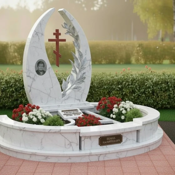 Элитный Гранитный памятник с крестом православный в Уфе, мрамор Тассос