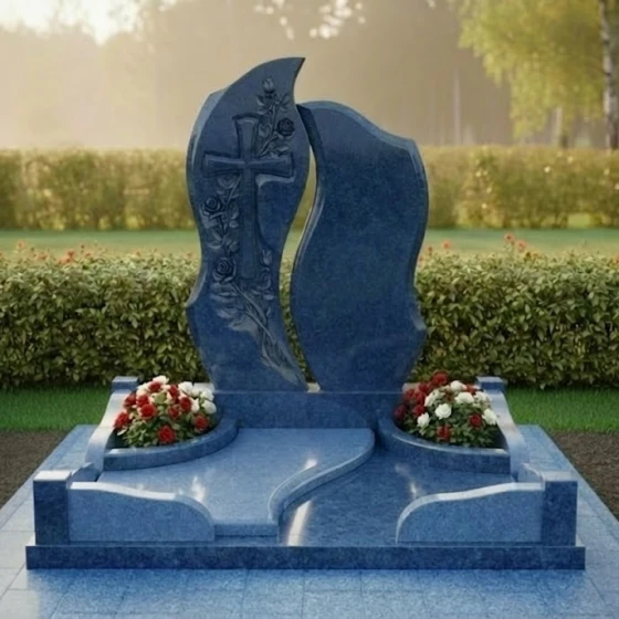Гранитный памятник для двоих с крестом в Новокузнецке, гранит Блю Перл